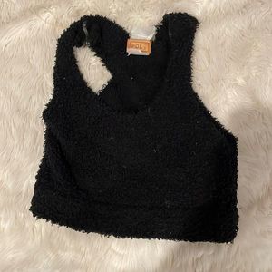 POL Black fuzzy crop top/sports bra style pajama shirt. WASHED NEVER WORN.